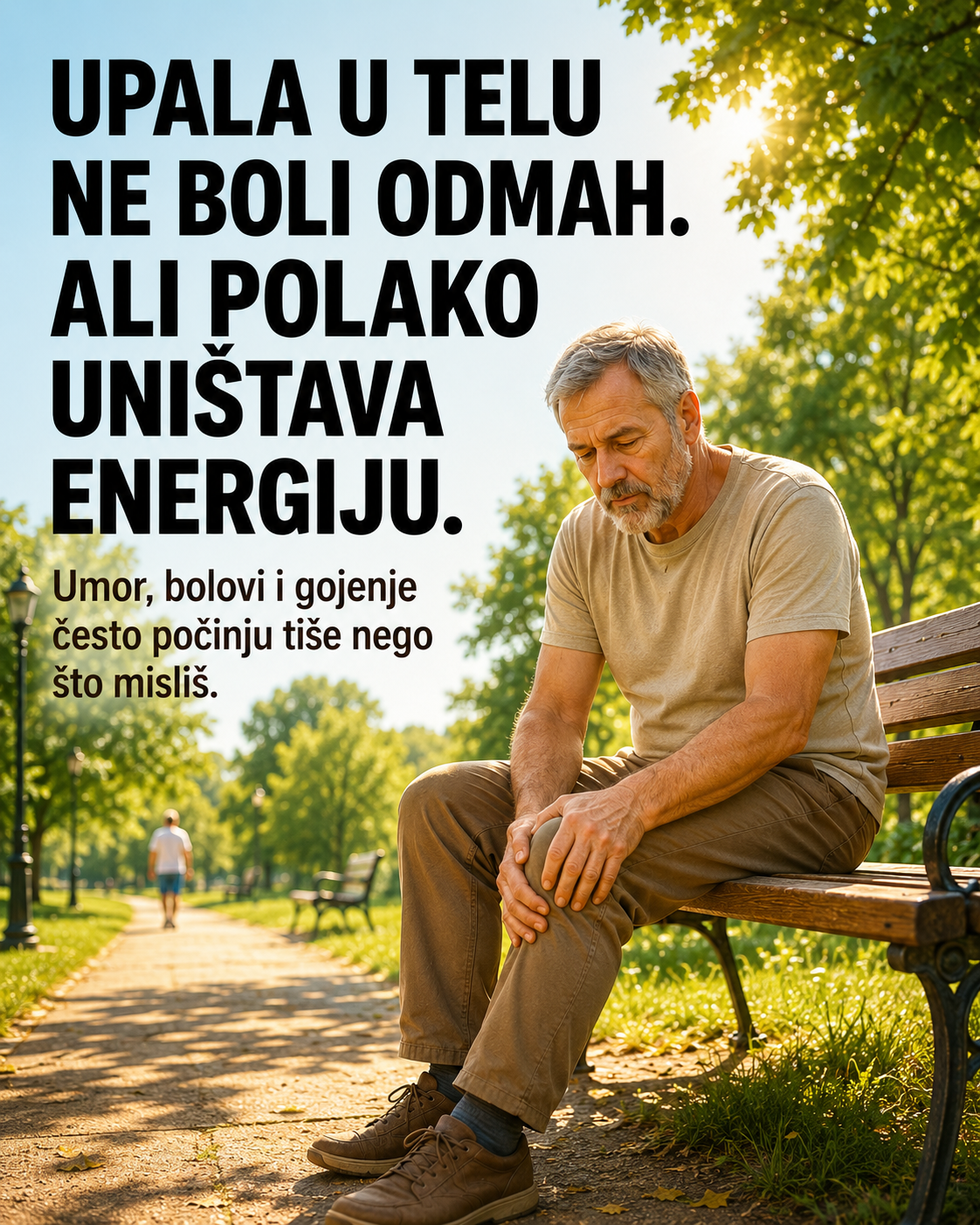 Stariji muškarac u parku oseća umor i bolove povezane sa tihom upalom u telu.